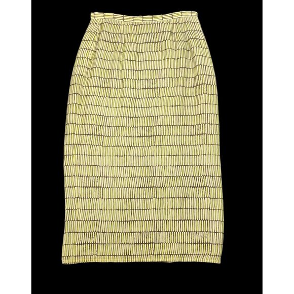 VTG Ann Taylor 100% Silk Midi Skirt Sz 14 Yellow & Brown Geometric Print wrap - Picture 2 of 3